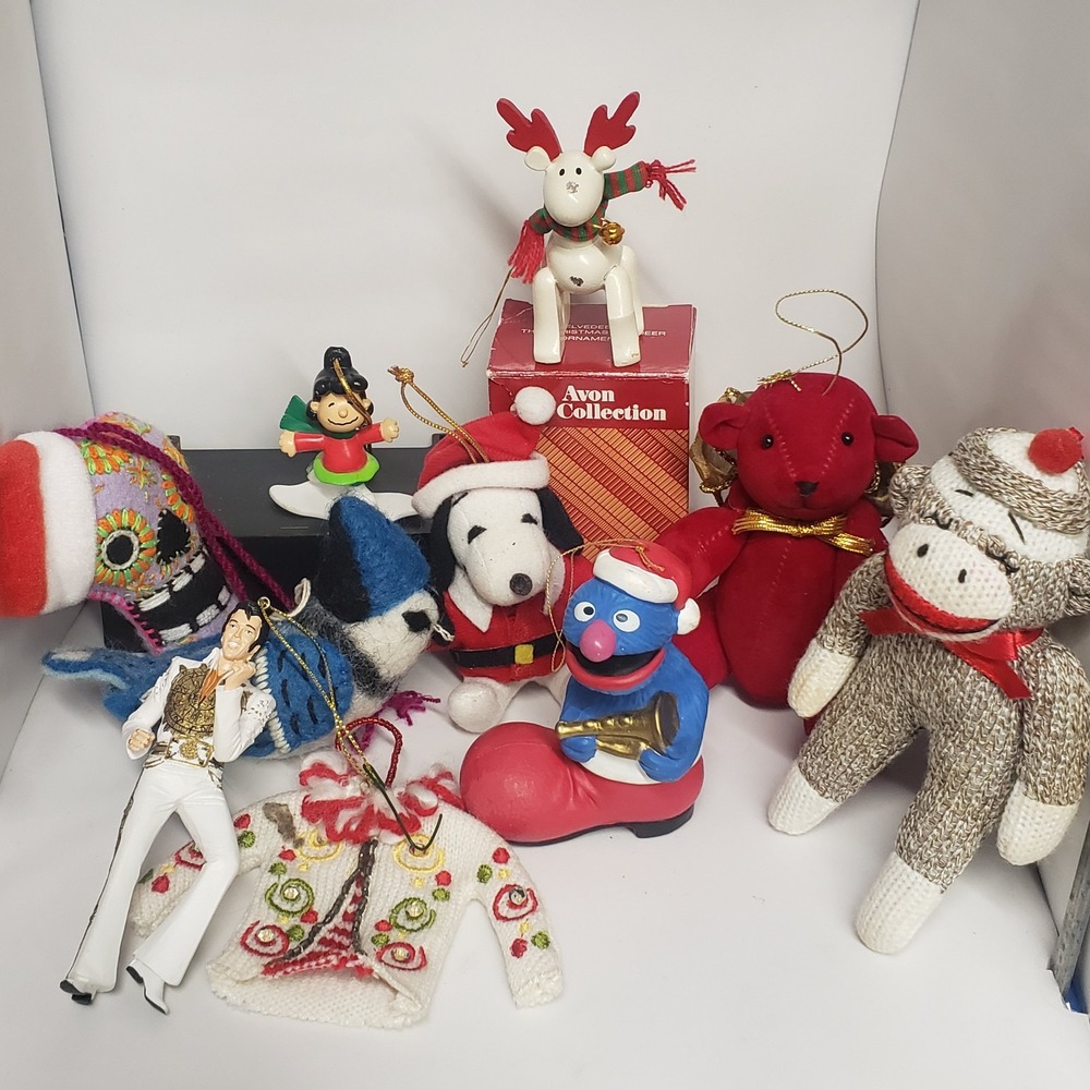 Vintage Christmas Ornament Lot Snoopy Grover Elvis Avon Reindeer Sock Monkey